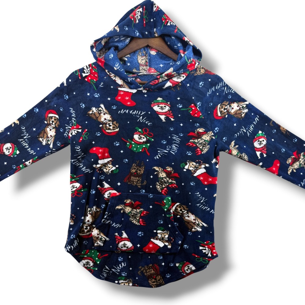 No Boundaries Kids Small 3-5 Holiday Dog Fleece Hoodie Naughty or Nice Navy Blue